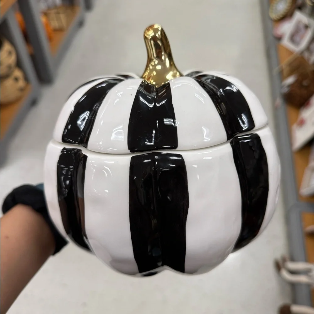 Black and White Striped Pumpkin Decor canister